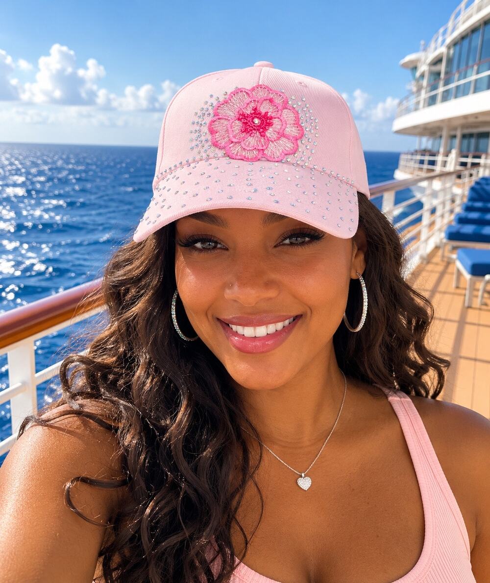 Handmade Rhinestone Bling Streetwear Hip Hop Pink Floral Baseball Hat Cap